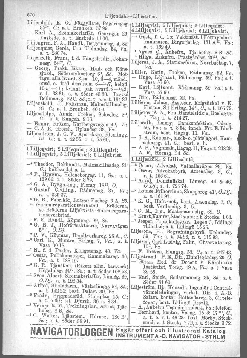 670 Liljendahl- Liljeström. Liljendahl, E. G.; Förgyllare, Regeringsg. 1Liljeqvist; 2 Liljequist, 3 Liliequist; 35 1V,G.; a. t. Brupke.? 3799... 4 Lilljeqvist; 5 Lilljekvist; 6 Liljekvist.! - Karl A.