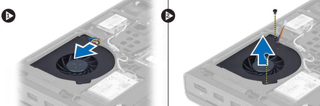 a. batteriet b. kåpan 3. Ta bort skruvarna som håller fast bildskärmskortets fläkt i datorn. Ta bort bildskärmskortets fläkt från datorn.