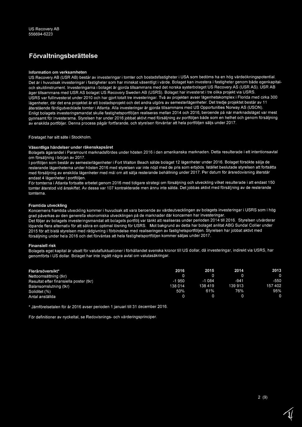 Investeringarna i bolaget är gjorda tillsammans med det norska systerbolaget US Recovery AS (USR AS). USR AB äger tillsammans med USR AS bolaget US Recovery Sweden AB (USRS).