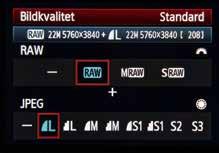 Med den främsta inställningsratten väljer du för att fota i full upplösning. M- är råfiler med lägre upplösning, och S- är ännu mindre. Med den bakre ratten kan du välja att också spara jpeg-bilder.