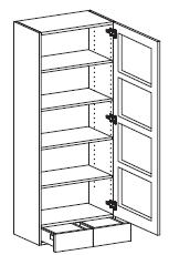 Väggskåp Kärlhylla på bänk med fyra glashyllor. Spröjs M = invändigt och utvändigt målad. F = invändigt och utvändigt fanerad Höjd = 1490 mm.