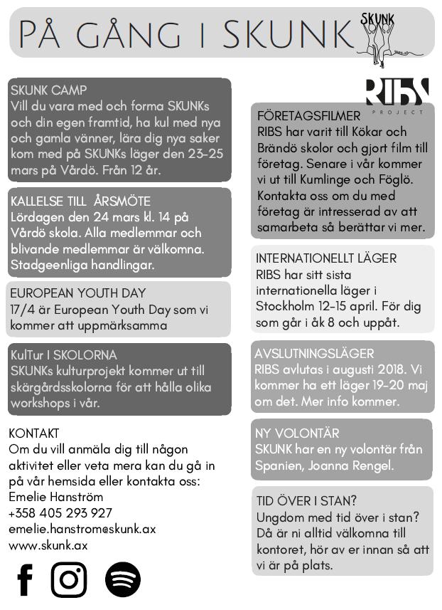 SKUNK CAMP Vill du vara med och forma SKUNKs och din egen framtid, ha kul med nya och gamla vänner, lära dig nya saker kom med på SKUNKs läger den 23-25 mars på Vårdö. Från 12 år.
