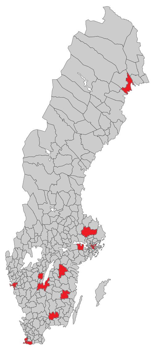 Figur 2. Kommuner med skolor som deltar i försöksverksamheten med spetsutbildning i grundskolans högre årskurser. 4.