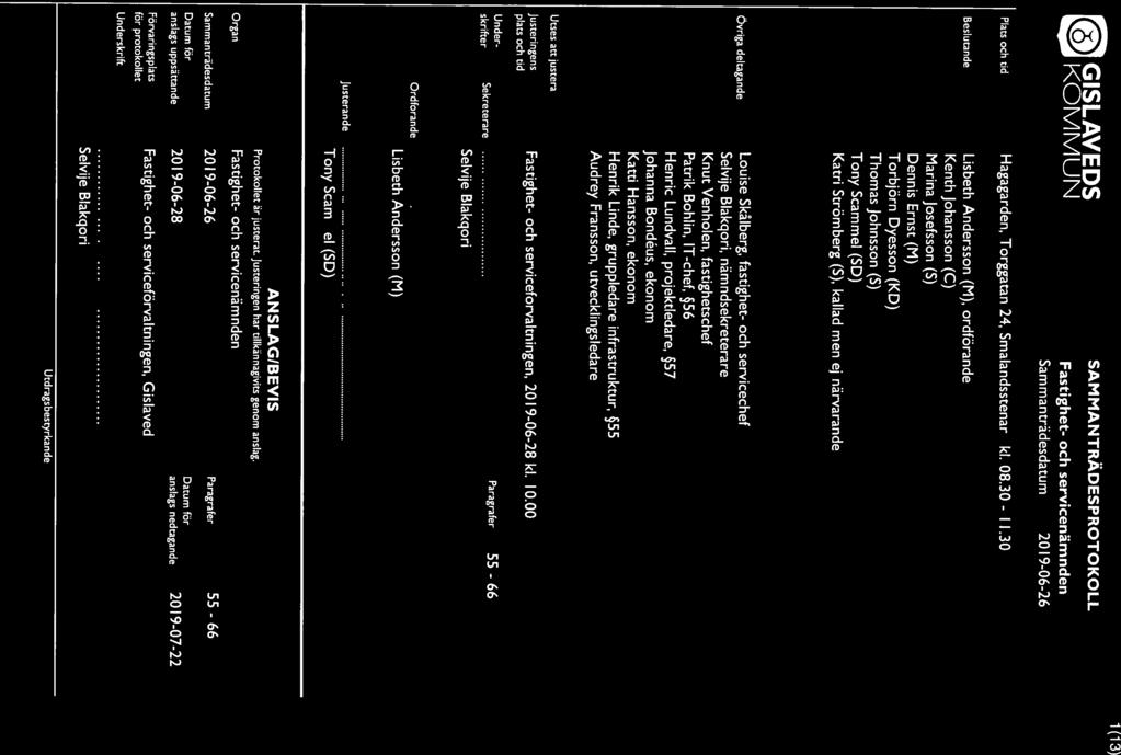 GISLAVEDS VtflMMI IN Fastighet- och servicenamnden Sammanträdesdatum 2019-06-26 1(13) Plats och tid Hagagården, Torggatan 24, Smålandsstenar, kl. 08.30-1 1.