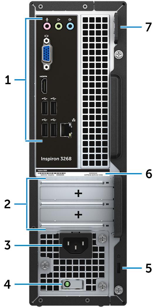 Baksida 1 Bakpanel Anslut USB-, ljud- och videoenheter och andra enheter. 2 Kortplatser för expansionskort Ger åtkomst till portarna på alla installerade PCI Express-kort.