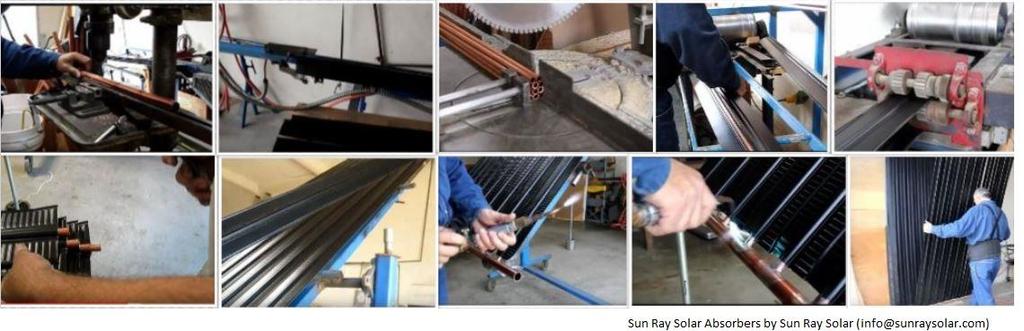 A notable method for fin-tube absorber manufacture is used by Sun Ray solar company as shown in Figure 3.5 [16]. Individual roll formed aluminium fins are made.