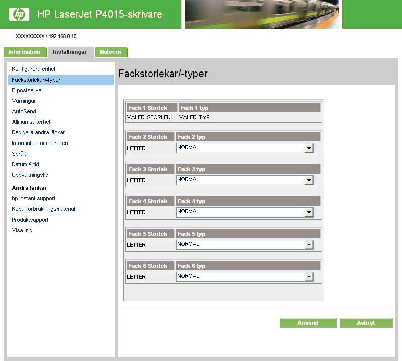 Fackstorlekar/-typer Använd skärmbilden Fackstorlekar/-typer för att ange pappersstorlekar och papperstyper för varje fack på produkten. Bilden och tabellen nedan visar hur du använder skärmbilden.