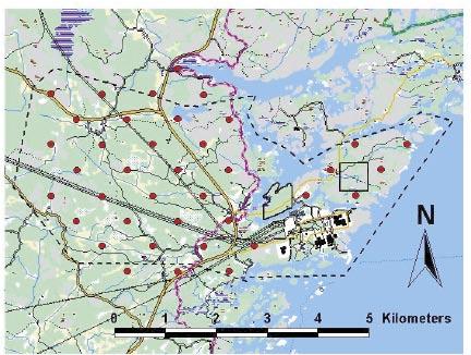 From GSD-Terrängkartan Lantmäteriverket Gävle 2001, Consent M2001/5268. During line transects and point counts a GPS is used for registration of the route.