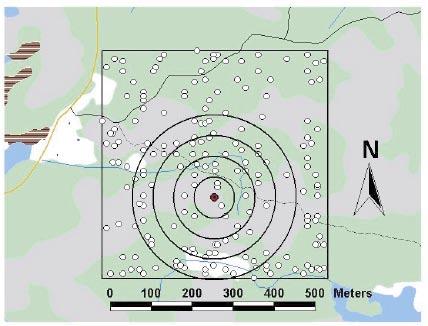 Figure 5-1. Geographical distribution of all bird territories in mapping area 1 (Ävrö, bold black line) in 2003 (left; white dots) and 2004 (right; black dots).