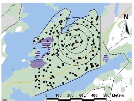 The drilling site is shown with a red dot. Circles are drawn at 50, 100, 150 and 200 m from the drilling site (see Analysis and interpretation).
