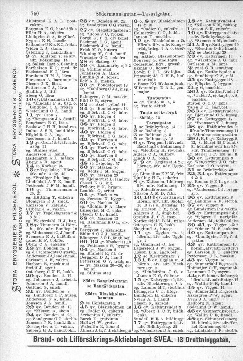 750 Södemannagatan -'avastga tan, Ahlstand K A L, posto' 26 qv. Bonden st. 24 6. 8 qv. Blasieholmen 18 qv. Katthufvudet 4 vaktm. ego Sandgens C G stebh. 17 & 18 ego*nilsson N M, fiskköp.