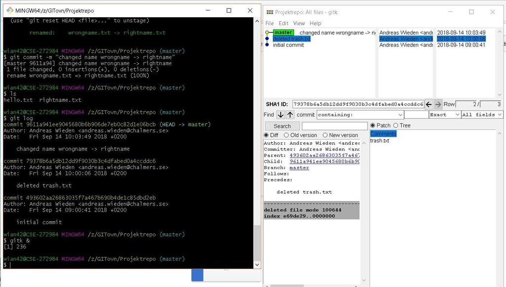Utför också kommandot git log för att se att den nya versionen finns med i versionshistoriken. Vi vill nu döpa om filen wrongname.txt till rightname.txt. Gör detta med kommandot git mv enligt nedan.