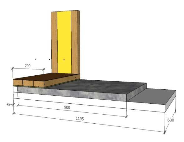 11 Försöksväggen är ställd på en 5 cm tjock betongplatta (utgörs av fyra stycken 12 mm cementskivor) med mm underliggande cellplastisolering, se Figur 2.3.