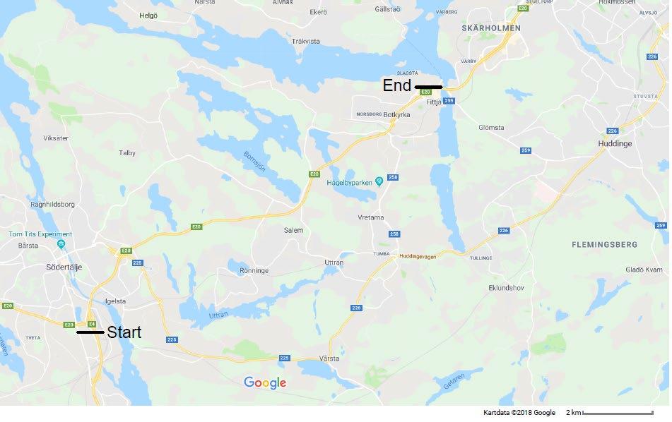 Sträcka - Södertälje : Påfart : Avfart Vägsträcka: 15 km Detektoravstånd: 15-3 meter (6 i norrgående