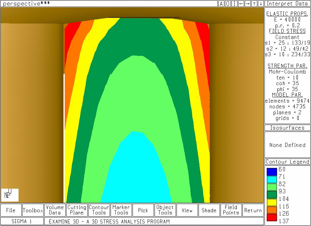 Figure 18. Stress level in the pillar when the tunnel floor is curved and the height increased from 5 to 7.5m. The first 1.2 meters of the pillar shown in the right figure.