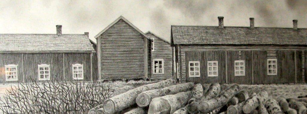 Huset till höger bör vara det som Josef Larsson och sonen Mårten bodde i med sina stora familjer. Det blev senare Mitjelskolan.