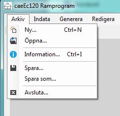 caeec120 Ramprogram Sidan 6(32) 3 Instruktioner Användbar genomgång av menyraden för att genomföra beräkningar i caeec120. 3.1 Arkiv Under Arkiv/Information finns möjlighet för inmatning av information gällande projektet, så som Projekt, Position samt Beskrivning.