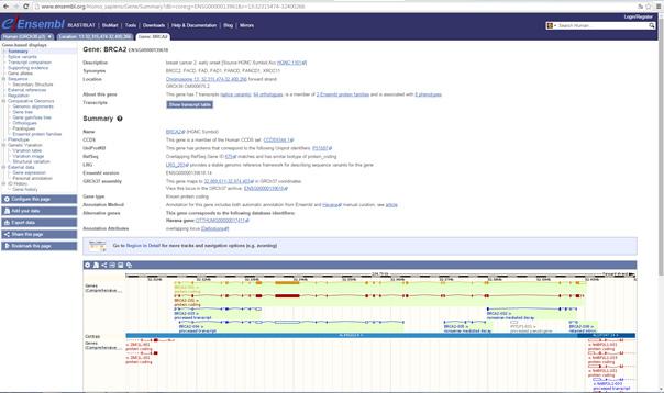 länkar som kommer upp på nästa sida: ENSG00000139618 (HGNC Symbol: BRCA2). På den sida som dyker upp kan du bl.a. hitta uppgifter om på vilken kromosom genen ligger (överst på sidan).