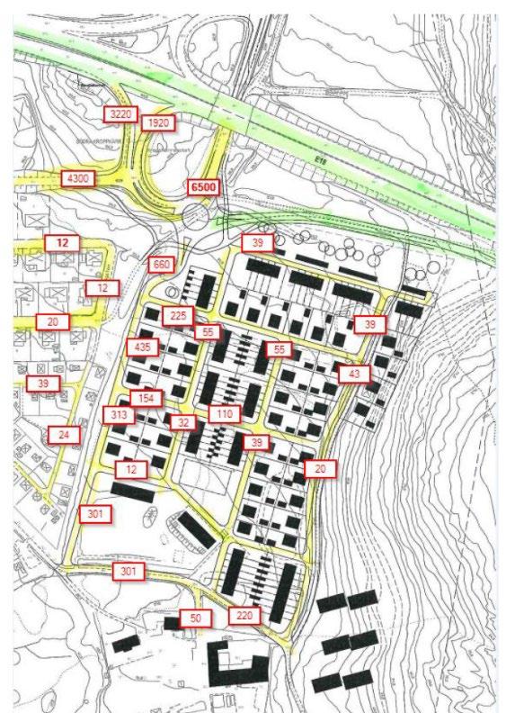 Lokalgata inom södra planområdet (punkt 5) ÅDM 2040 Hastighet (km/h) Andel tunga fordon 32 574 90 11,6 % 27 930 90 13,4 % 2 500 60 15% 350 30 0,5% 350 30 0,5% Tabell 3. Trafikdata.