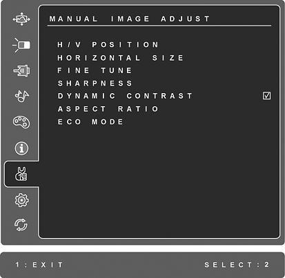 VESA 1440 x 900 @ 60 Hz (rekommenderas) innebär att upplösningen är 1440 x 900 och repetitionsfrekvensen är 60 Hertz. Manual Image Adjust (Bildstä llningens) visar menyn Manual Image Adjust. H./V.
