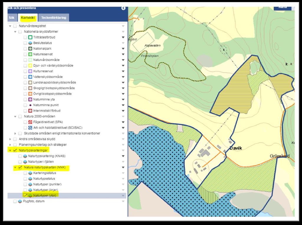 För att se Naturtyper för områdena i kartan gå in på fliken Kartskikt. Avmarkera allt i Naturvårdsregistret.