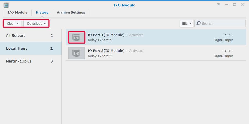 Visa historik för I/O-modul På fliken Historik kan du se I/O-modulloggfiler för att få en bättre förståelse om historiska inspelningar.