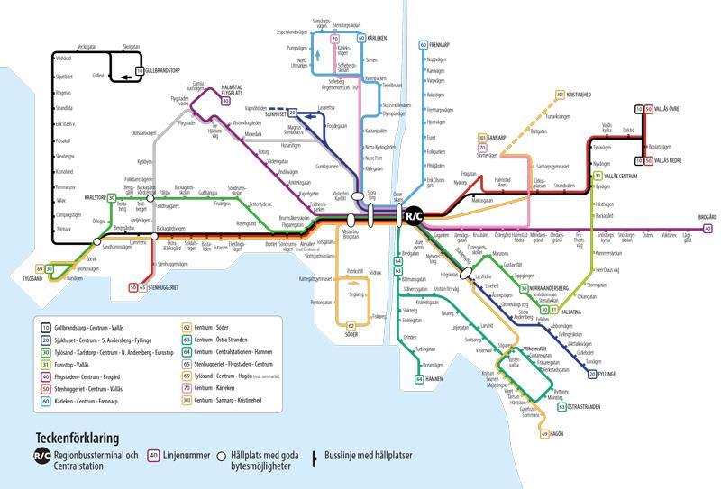 Halmstad Trafikering I Halmstad finns det 14 linjer varav 7 linjer är huvudlinjer som trafikerar i stråken.