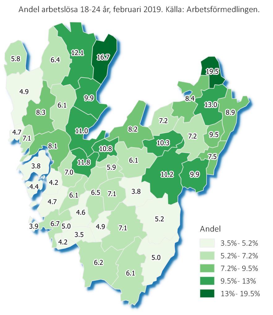 Figur 1: Ungdomsarbetslöshet i Västra Götaland februari 2019 i form av andel av den registerbaserade arbetskraften 18-24 år.