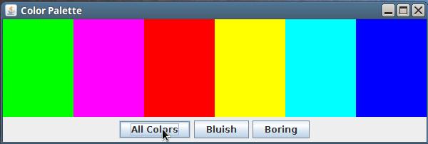 Uppgift 4 - Färgpalette [3p] I denna uppgift skall du ta koden som var given från uppgift 1 och utveckla det till programmet som syns på bilderna nedan.
