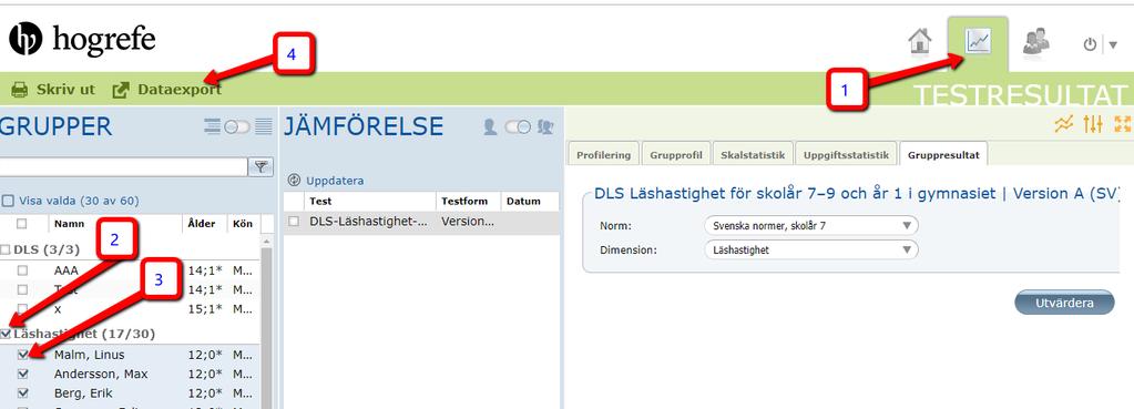 8. Exportera testresultat till Excel På fliken Testresultat (1) väljer du en grupp (2) eller ett antal testpersoner (3).