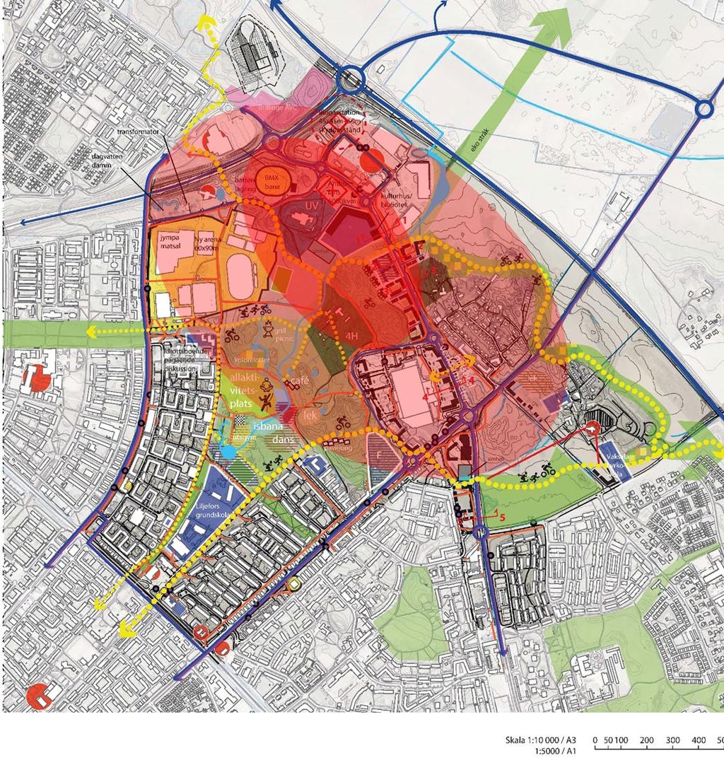 Projektdirektiv 4(8) Bild 1: Kartan visar kärnområde för utvecklingsplanen (mörkrött) aktuellt för arbetet med utvecklingsplan Gränby samt ett större influensområde (ljusrött).