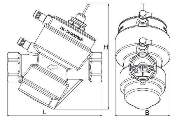 3.2 Ballorex Dynamic DN40-DN50 Mått Specifikationer Max. drifttemperatur: +120 C Min. drifttemperatur: -20 C Max. drifttryck: 25 bar Märkning på ventil: DN, PN, CR, Flödesriktning Anslutning: Inv.