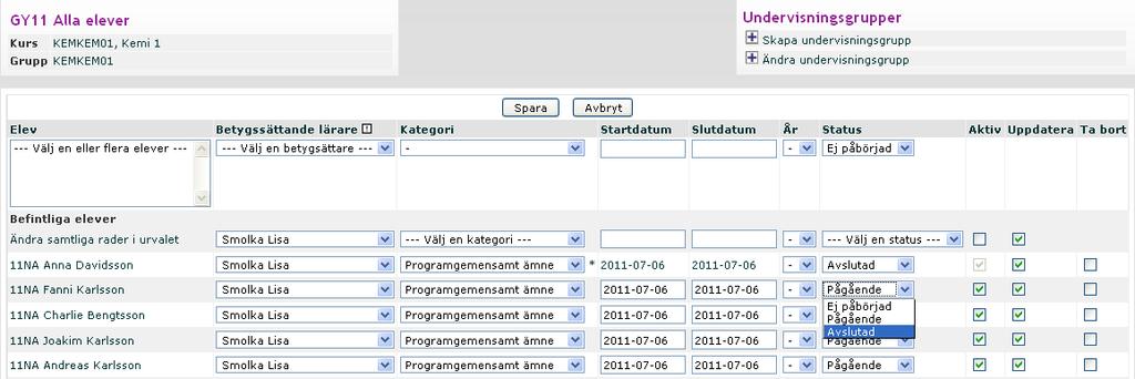 12.2 Via kurs-elever Kursers status kan också ändras via Kurs-Elever. 1. Klicka på Kurs-Elever i menyn KURS. 2.