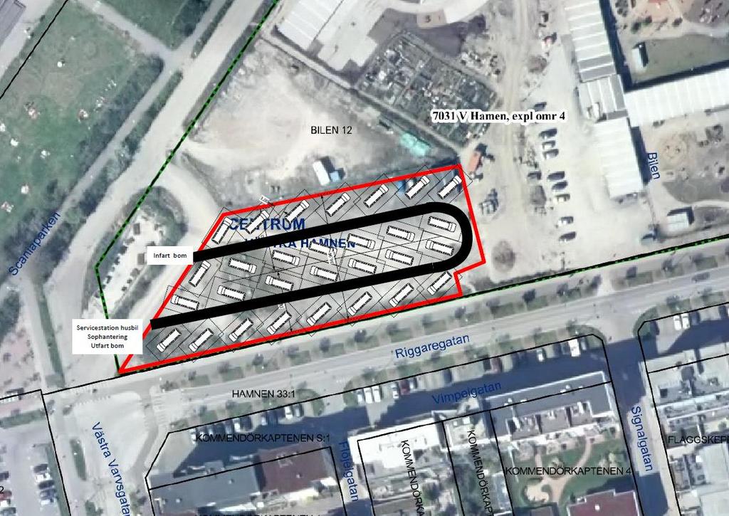 . Malmö Ställplats Fastighet: Bilen 12 Västra Hamnen Områdesskiss med: - 24-29 markerade platser(6,5m x 10m) för husbilar i enlighet med av MSB rekommenderat säkerhetsavstånd på 4 meter mellan fordon.
