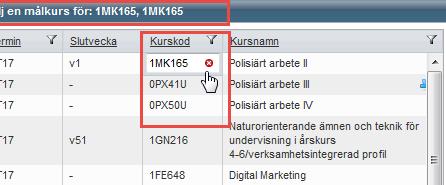 4. Fönstret Välj en målkurs öppnas. Filtrera i kurslistan och markera målkursen.