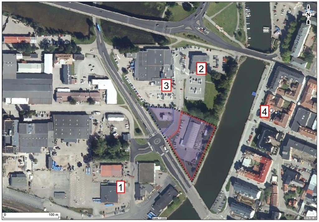 Figur 3. De verksamheter som ligger i närheten av planområdet och har betydande mängd farligt ämne är markerade med siffrorna 1. Nobina Sverige AB, 2. Flügger Färg, 3. ICA Kvantum Vänersborg samt 4.