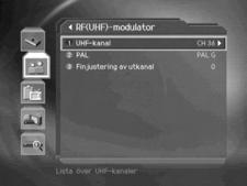 9.5 RF(UHF)-modulator Du kan ange UHF-kanal. 1. Tryck på MENU 2. Välj Systeminställningar genom att använda -knappen och tryck sedan på OK eller 3.