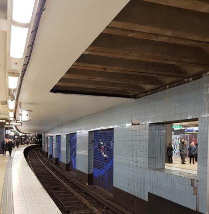 38(79) Figur 12 Perrong Slussen, visar variation av kulörer, konstruktion innertak och eftersatt underhåll Konst är ett starkt inslag i dagens Slussen se (PM Arkitektur, 2019).