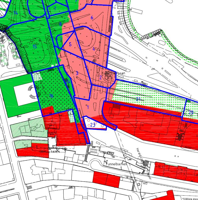 40(79) Figur 13 Kartbild och förteckning av geoteknisk status för området kring Slussen Där anläggningen ligger på åsmaterial faller bergytan kraftigt i nordlig riktning och det förekommer också