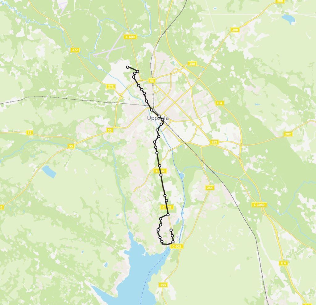 Figur 2: Karta över Uppsala där linje 8, som går mellan