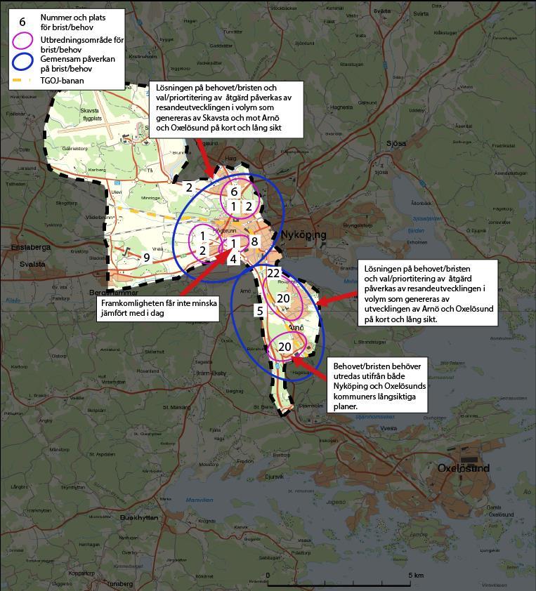 21 (60) Figur 4. Brister och behov. 1. Bristande tillgänglighet i nordvästra delarna av Nyköpings centralort Det finns få förbindelser om man ska passera igenom utredningsområdet.