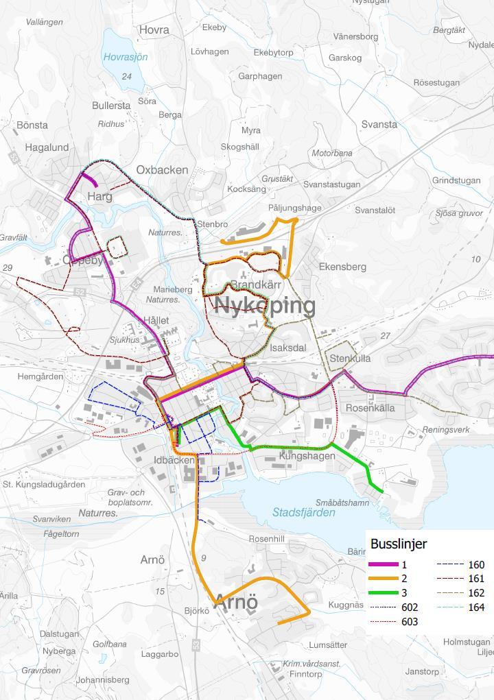 40 (60) Lokal busstrafik Stadstrafiken i Nyköping består av linje 1, 2, 3, 160, 161, 162, 164, 602 samt 603. Samtliga linjer går genom utredningsområdet och har där flera hållplatser.