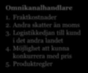 Topp 5 största hindren vid export till länder inom EU E-handlare 1. Fraktkostnader 2. Möjlighet att priskonkurrera 3.