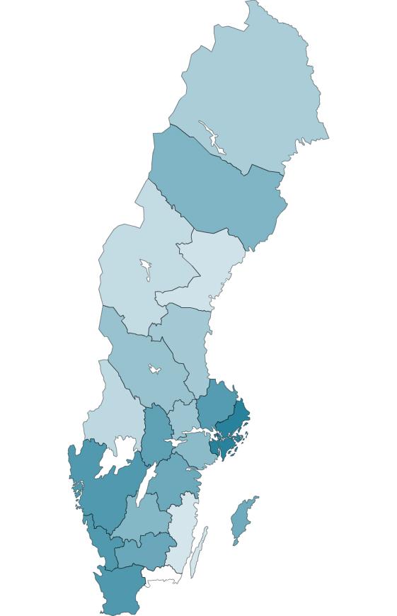 9.2.1 Antal nationella varumärkesansökningar per 100 000 invånare länsvis 2018 Tabellen och kartan baseras på första angivna adress