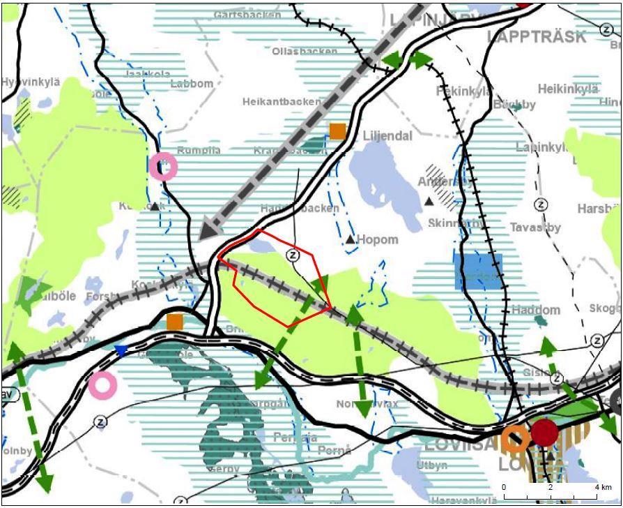 9 Utdrag ur förslaget till Nylandsplanen 2050. Planeringsområdets avgränsning är inritad på kartan med ett rött streck. På planeringsområdet finns inga gällande general- eller detaljplaner. 6.