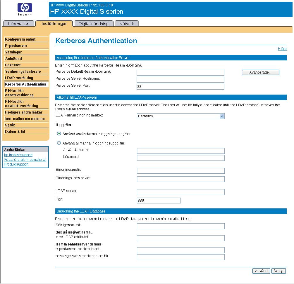 Kerberos-verifiering Använd sidan Kerberos-verifiering när du vill konfigurera enheten (MFP-enhet eller digital sändare) för att verifiera användare i en Kerberos-realm.