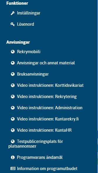 START - Byt ditt lösenord - Inställningar - Språk - Inledningsbild - Anvisningar och material - Bruksanvisningar,.