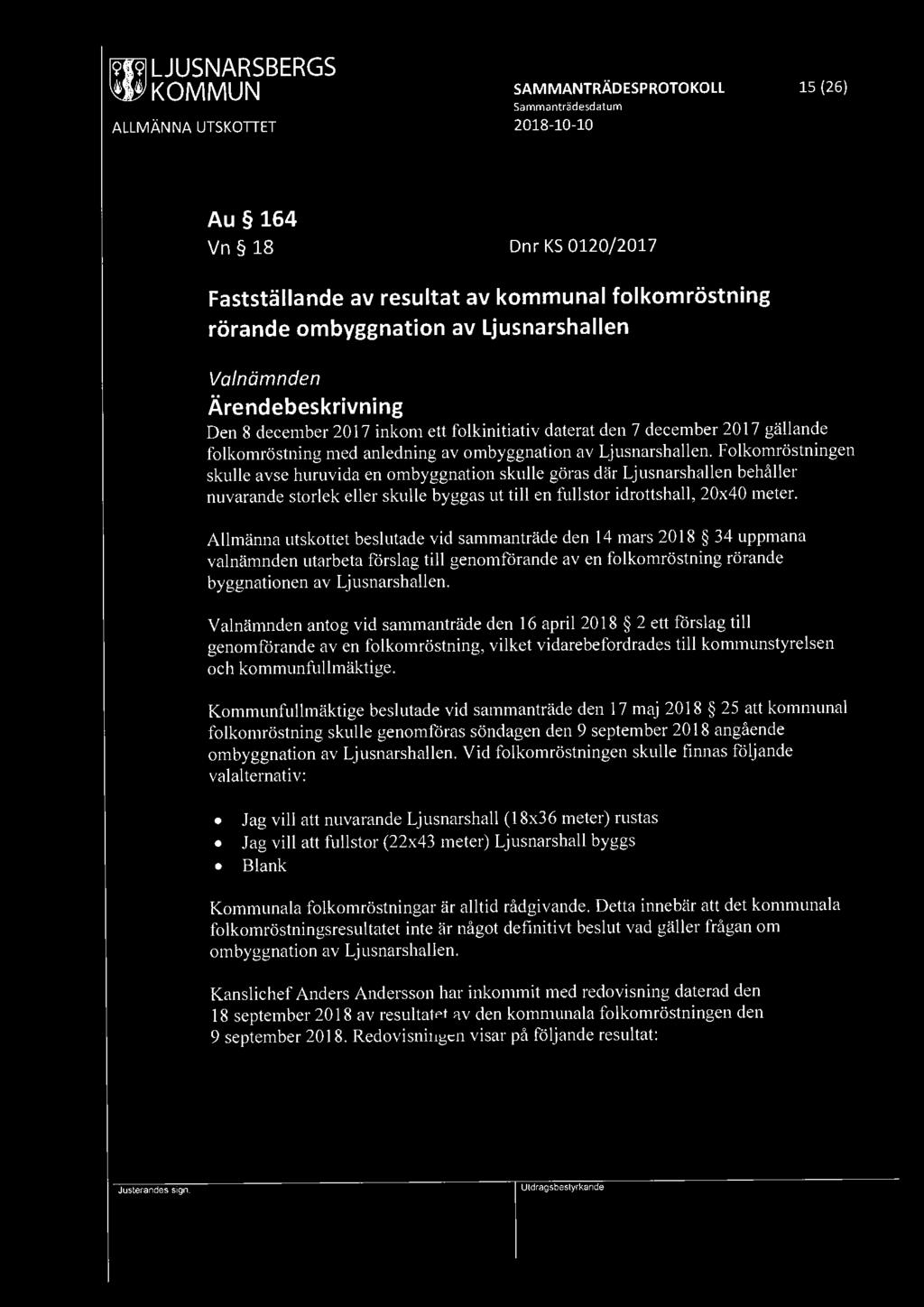 SAMMANTRÄDESPROTOKOLL 15 (26) Au 164 Vn 18 Dn r KS 0120/2017 Fastställande av resultat av kommunal folkomröstning rörande ombyggnation av Ljusnarshallen Va/nämnden Den 8 december 2017 inkom ett