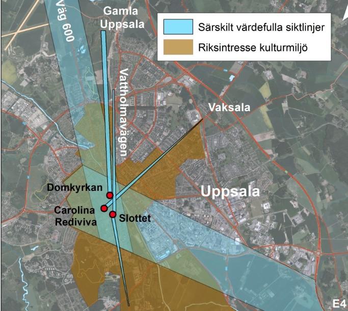 Bilden är ett utdrag ur översiktsplan 2016 och visar riksintresseområde Uppsala stad med särskilt viktiga siktsektorer markerade. Planområdets läge är markerat med en lila cirkel.
