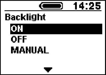 Backlight (Bakgrundsbelysning) Konfigurera bakgrundsbelysningen. 1. Tryck på Assist-Y eller Assist-Z för att flytta markören till det värde du vill konfigurera.
